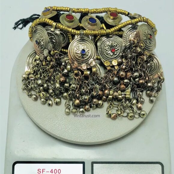 Gypsy Statement Necklace, Handmade Multi Layer Afghan Choker with Bells - Picture 9 of 10